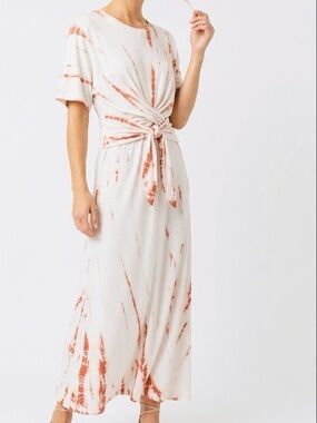 ZARA Comfy Jersey Knit White & Coral Tie Dye Drapey Knot Maxi Dress